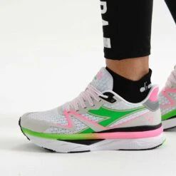 Diadora Women's Atomo V7000 Running Shoe - White/Green Fluo/Pink Fluo -Optimal Sportswear Store 101.179068 D0250 CV