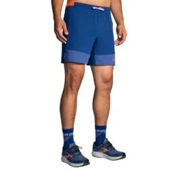 BROOKS Men's High Point 7" 2-in-1 Short - Dk Aegean/Bright Oran -Optimal Sportswear Store 211454 452 MF High Point 7in 2in1 Short