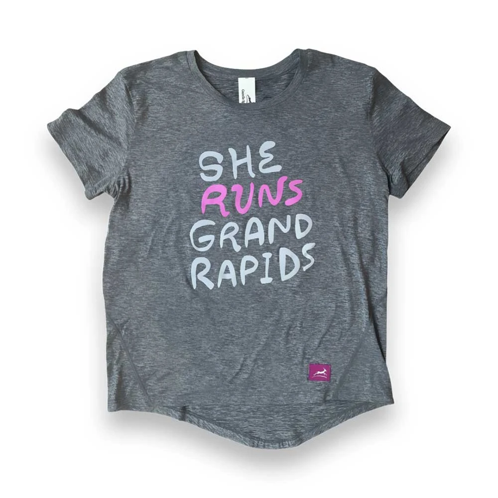 Women's She Runs GR Playful Script Perf Tech SS - Heather Gray/Light Gray/Pink 3 Women's She Runs GR Playful Script Perf Tech SS - Heather Gray/Light Gray/Pink