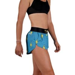 Women's Blue Bolts 1.5" Split Short - Blue Bolts 11 Women's Blue Bolts 1.5" Split Short - Blue Bolts -Optimal Sportswear Store chicknlegs womens blue bolts 1.5 inch split running shorts side view