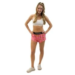 Women's Pink Bananas 1.5" Split Short - Pink Bananas -Optimal Sportswear Store chicknlegs womens pink bananas printed running shorts full